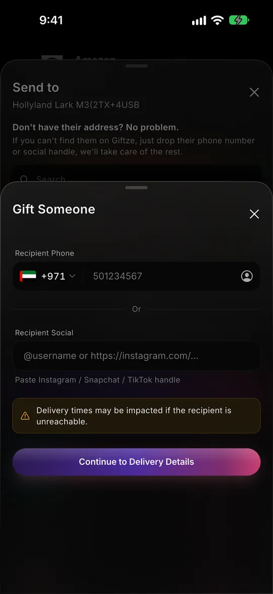 The Gift Someone sheet in the app, with a recipient phone number field and a social handle field