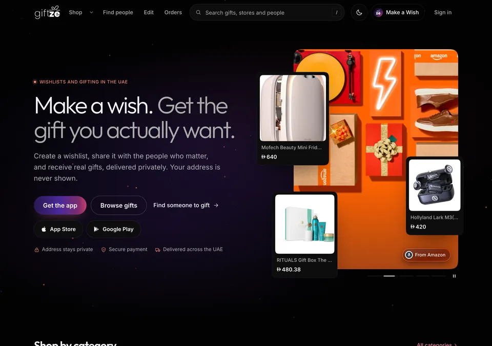 The Giftze home page on a computer, with a featured gift collage and the Shop and Find people menu